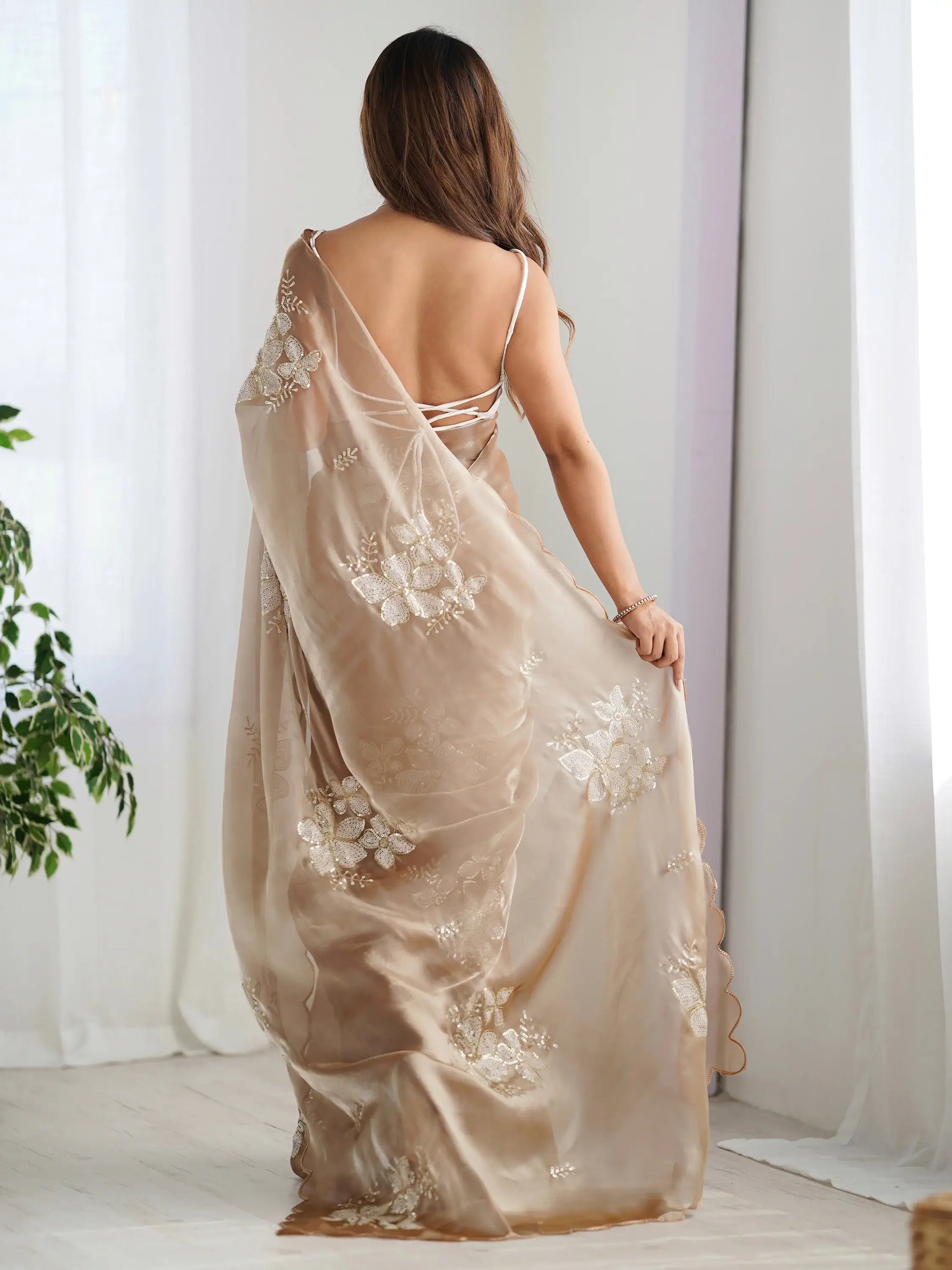 Wonderful Beige Embroidered Organza Festival Wear Saree With Blouse - Zeel Clothing