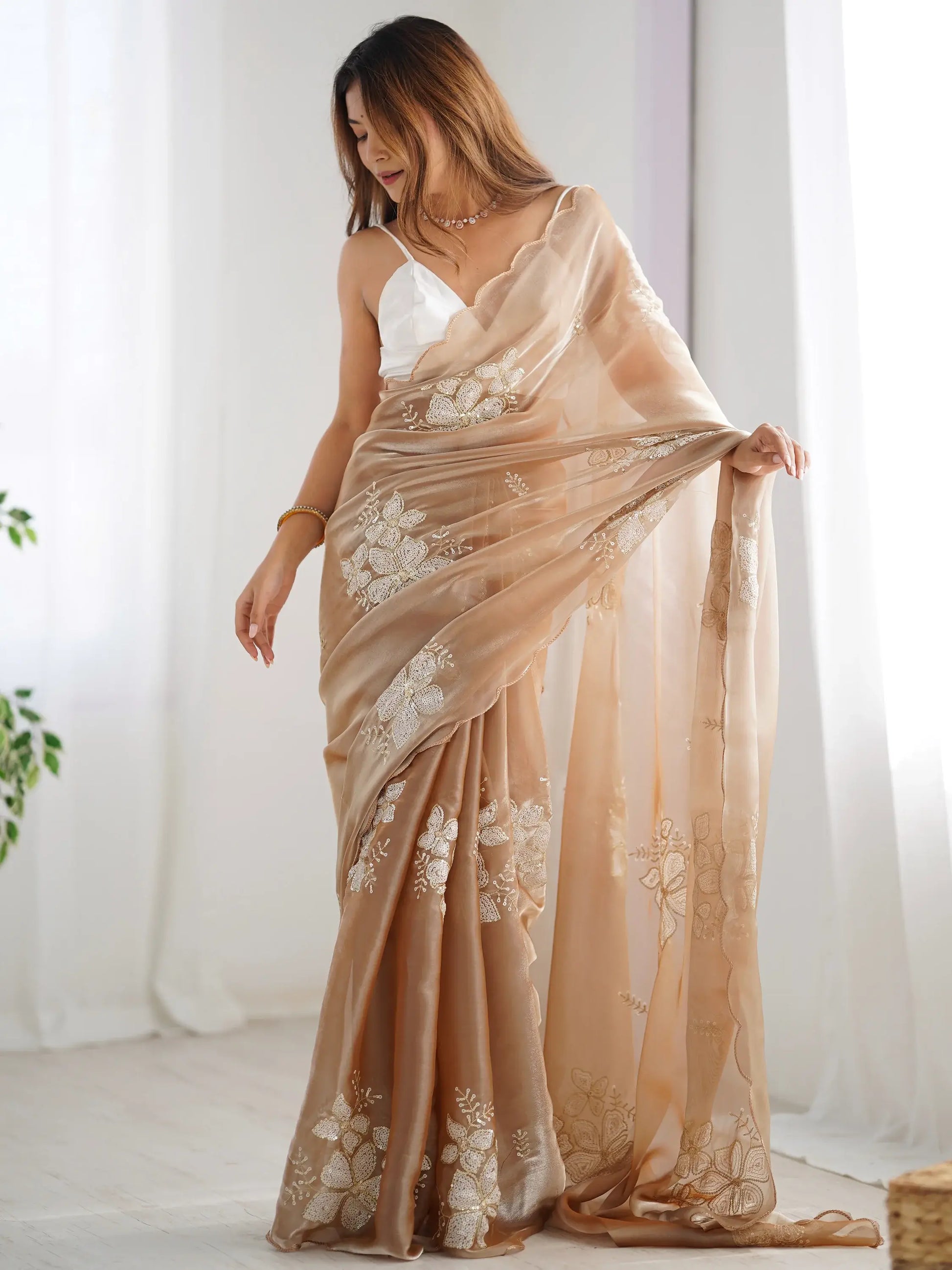 Wonderful Beige Embroidered Organza Festival Wear Saree With Blouse - Zeel Clothing