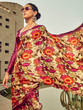 Wonderful Beige Floral Printed Satin Festive Wear Saree With Blouse - Zeel Clothing