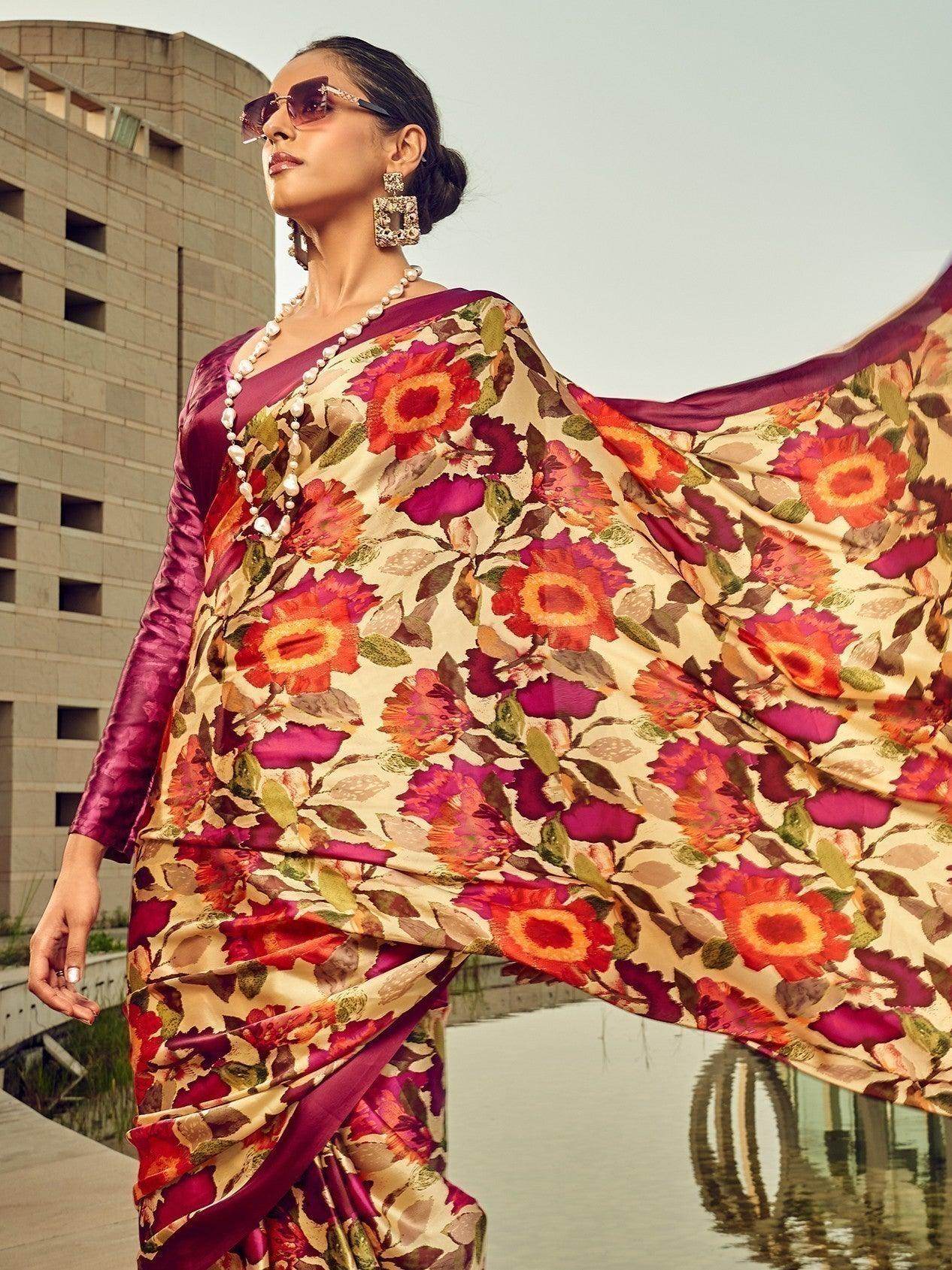 Wonderful Beige Floral Printed Satin Festive Wear Saree With Blouse - Zeel Clothing