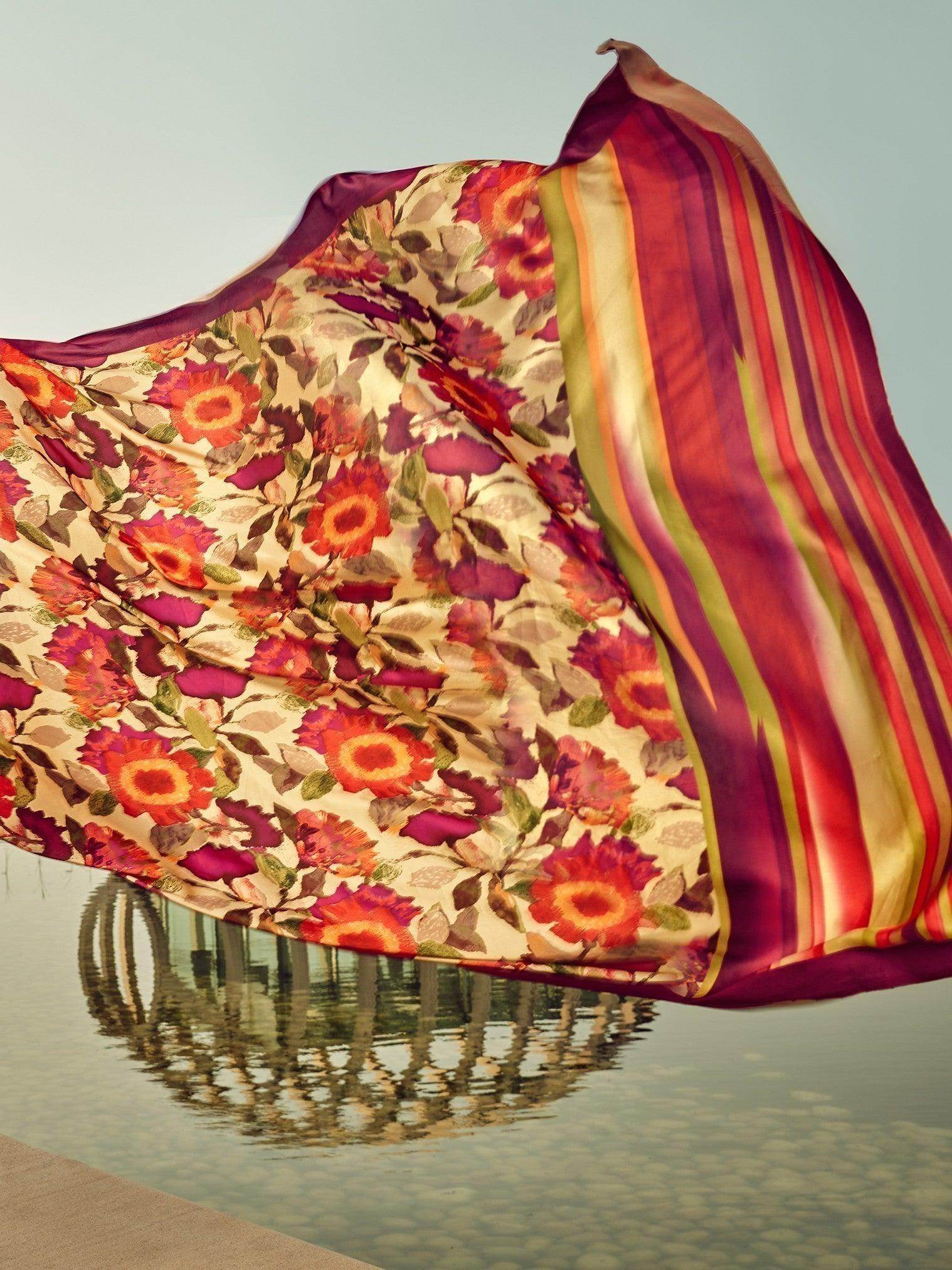 Wonderful Beige Floral Printed Satin Festive Wear Saree With Blouse - Zeel Clothing