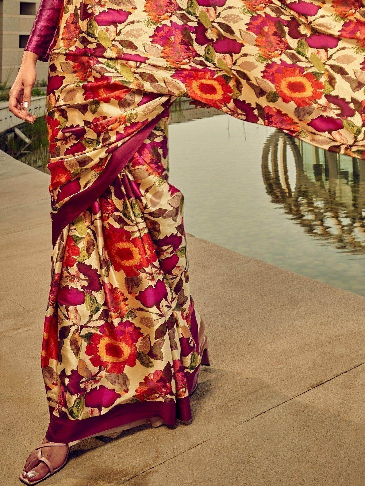 Wonderful Beige Floral Printed Satin Festive Wear Saree With Blouse - Zeel Clothing