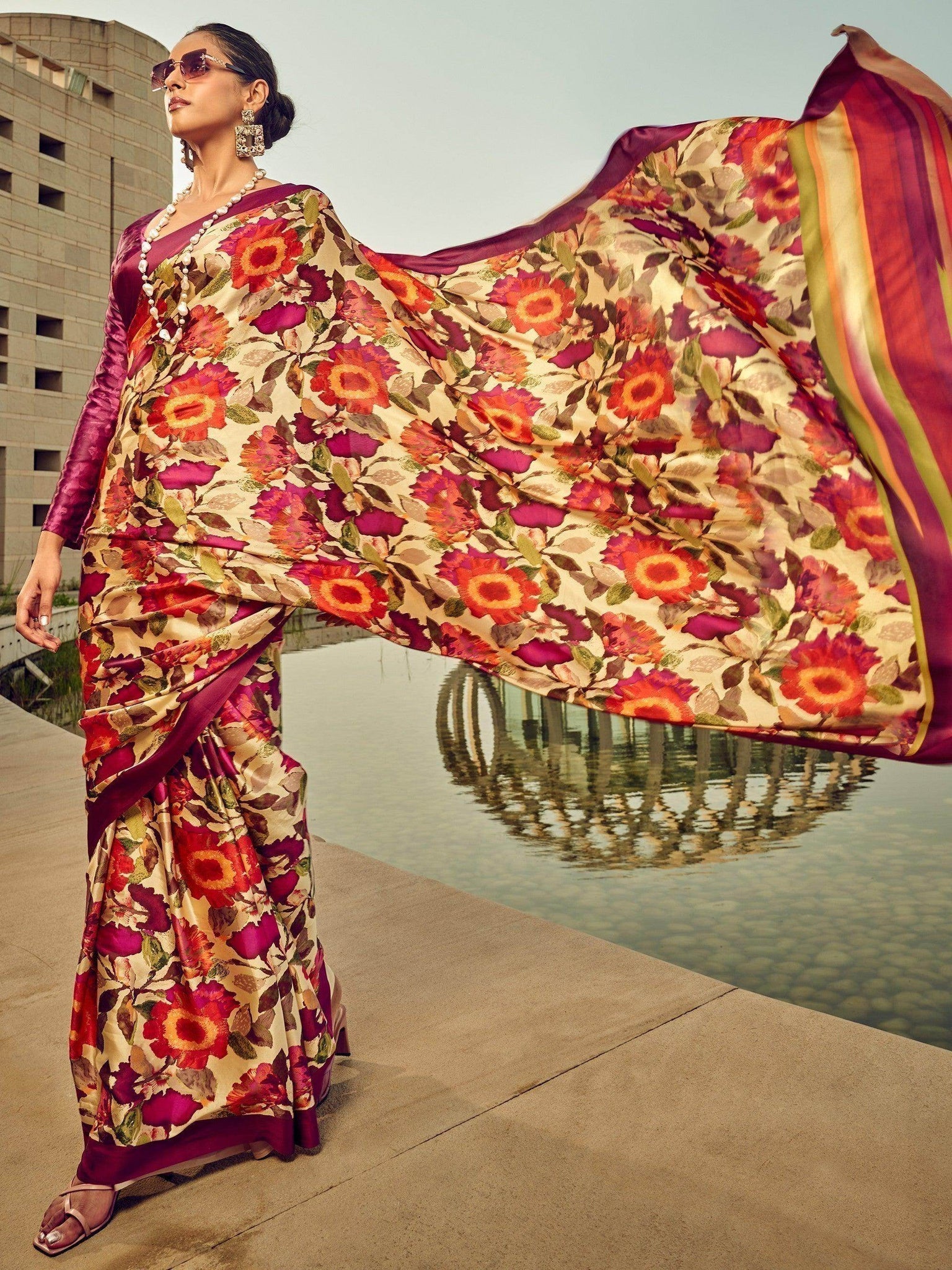 Wonderful Beige Floral Printed Satin Festive Wear Saree With Blouse - Zeel Clothing