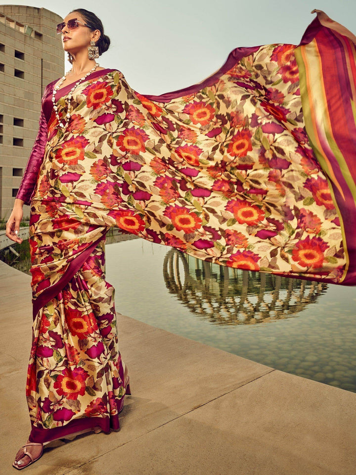 Wonderful Beige Floral Printed Satin Festive Wear Saree With Blouse - Zeel Clothing