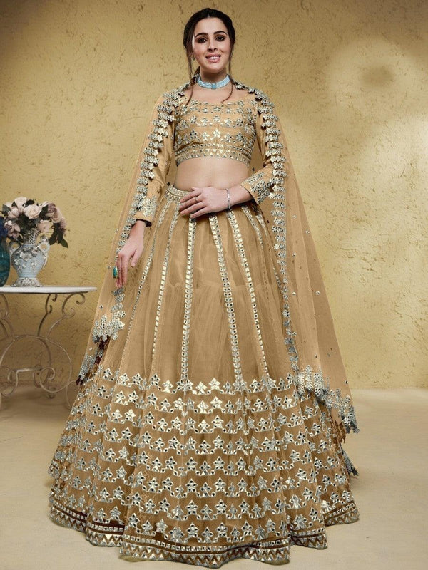 Wonderful Beige Foil Work Net Party Wear Lehenga Choli With Dupatta