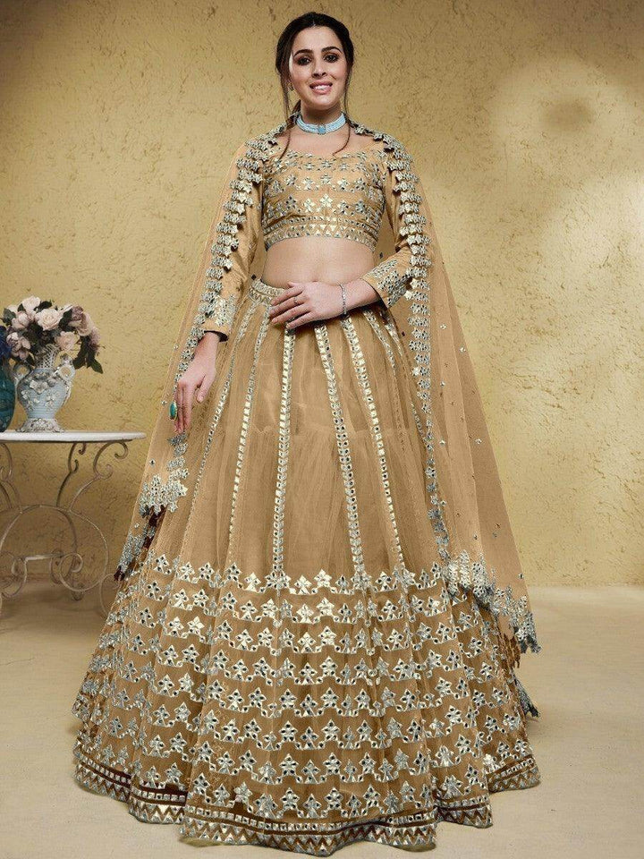 Wonderful Beige Foil Work Net Party Wear Lehenga Choli With Dupatta - Zeel Clothing