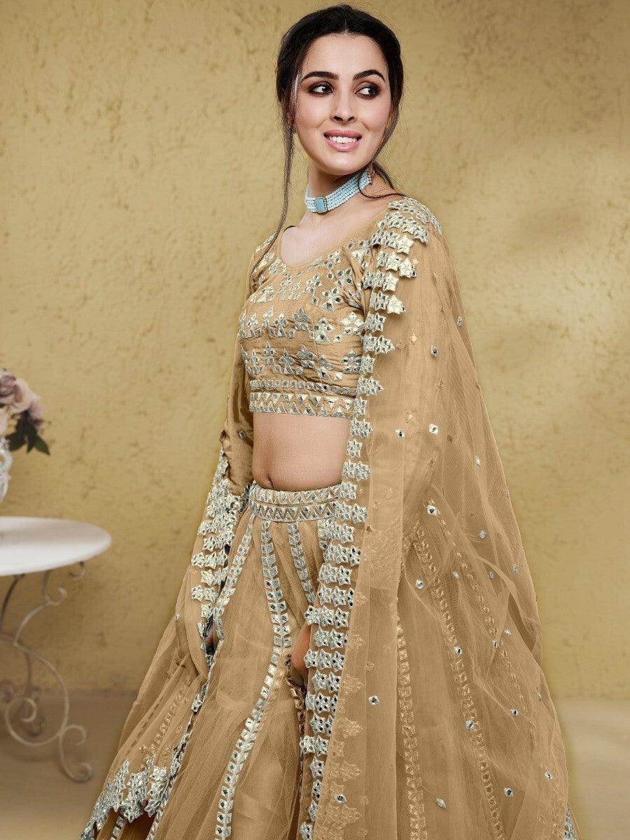 Wonderful Beige Foil Work Net Party Wear Lehenga Choli With Dupatta - Zeel Clothing
