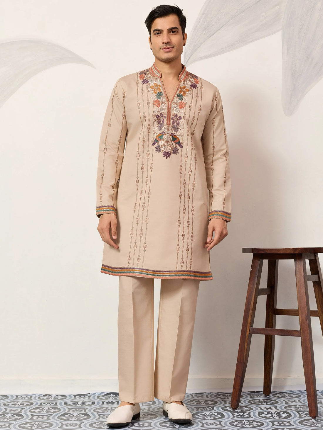 Wonderful Beige Sequin Work Viscose Silk Celebrations Wear Men’s Kurta