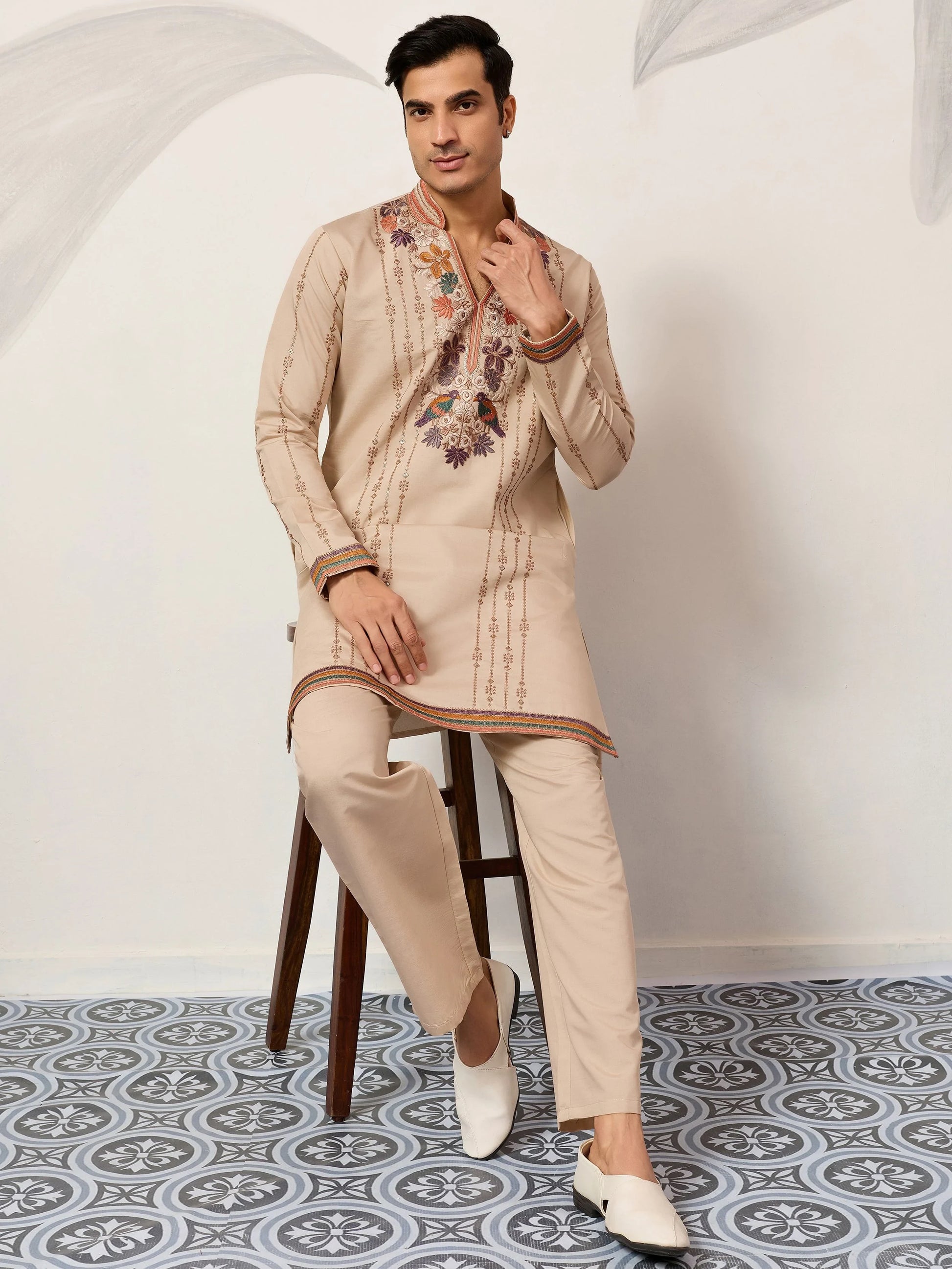 Wonderful Beige Sequin Work Viscose Silk Celebrations Wear Men’s Kurta