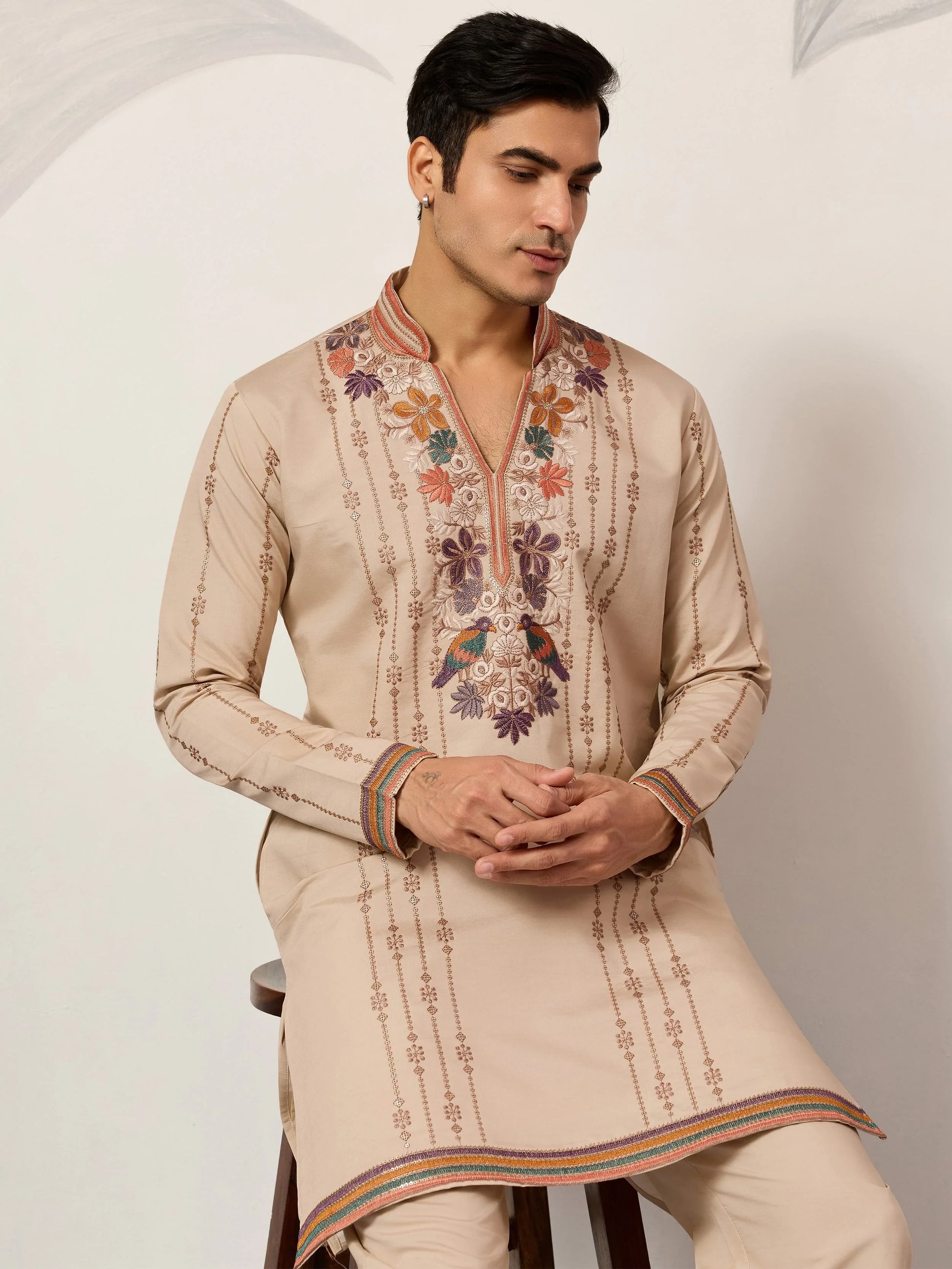 Wonderful Beige Sequin Work Viscose Silk Celebrations Wear Men’s Kurta