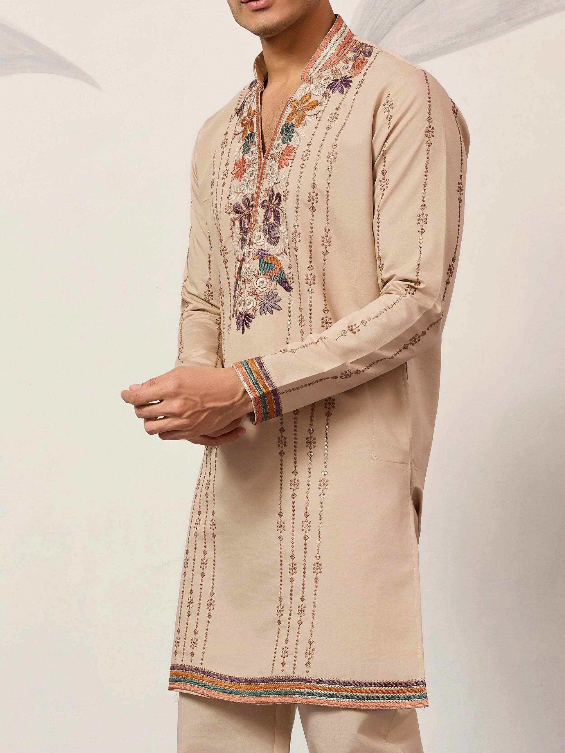 Wonderful Beige Sequin Work Viscose Silk Celebrations Wear Men’s Kurta