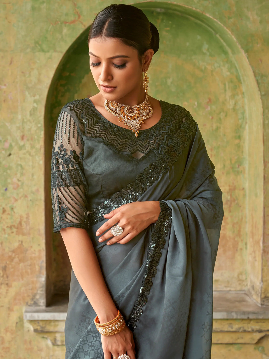 Wonderful Black Embroidered Satin Party Wear Saree With Blouse - Zeel Clothing