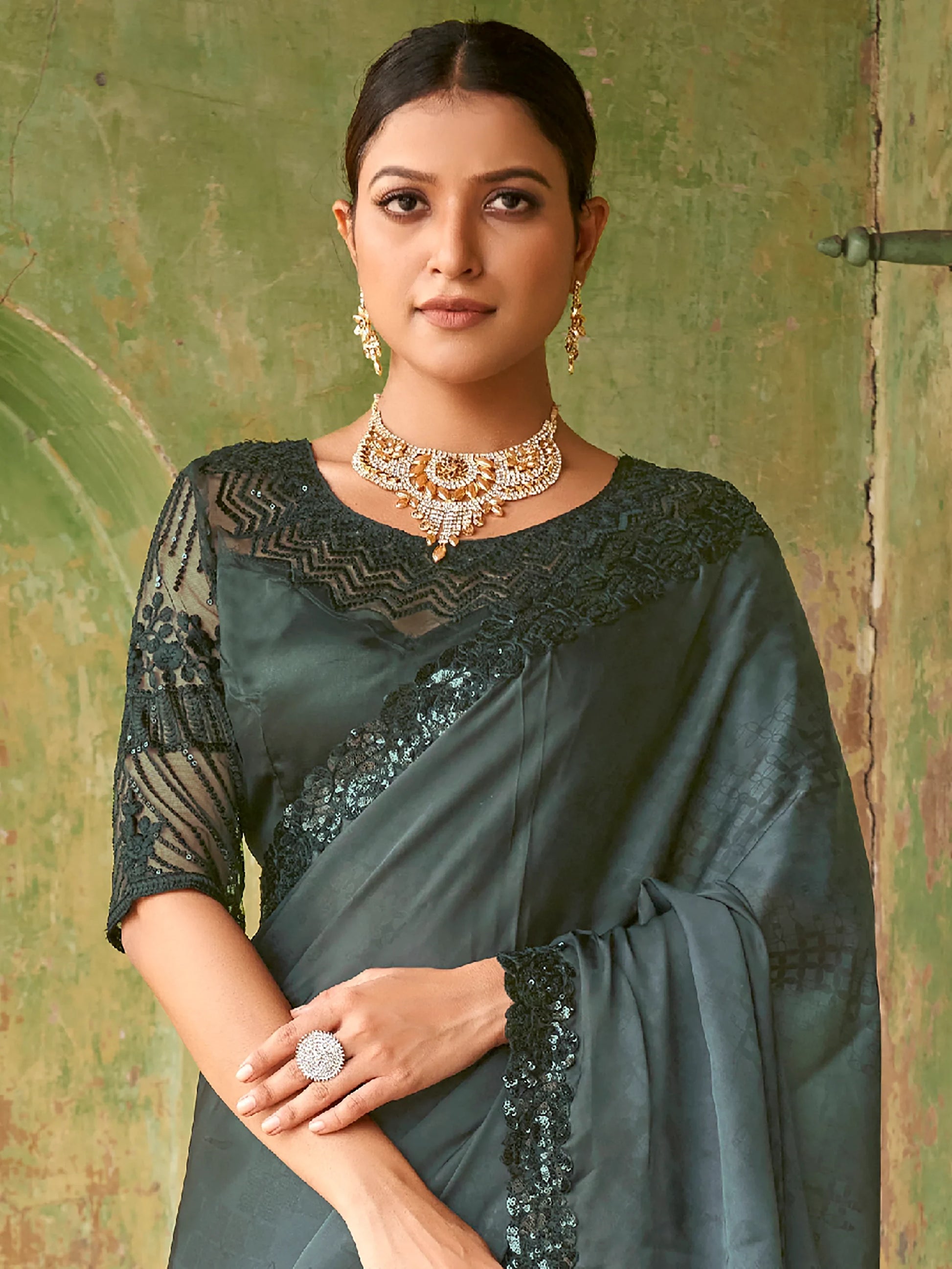 Wonderful Black Embroidered Satin Party Wear Saree With Blouse - Zeel Clothing
