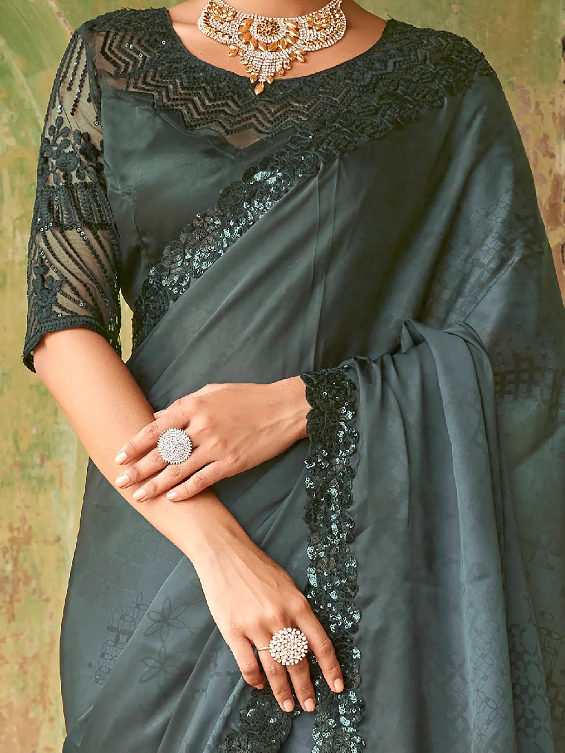 Wonderful Black Embroidered Satin Party Wear Saree With Blouse - Zeel Clothing