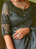 Wonderful Black Embroidered Satin Party Wear Saree With Blouse - Zeel Clothing