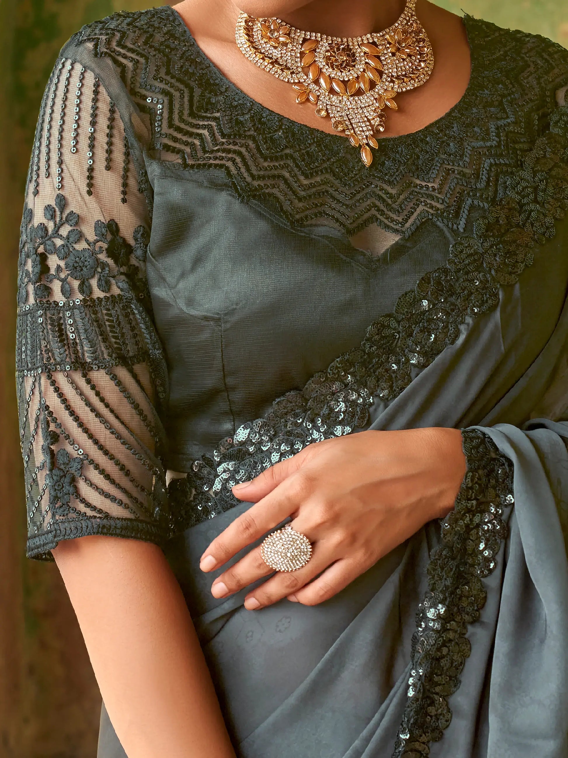 Wonderful Black Embroidered Satin Party Wear Saree With Blouse - Zeel Clothing