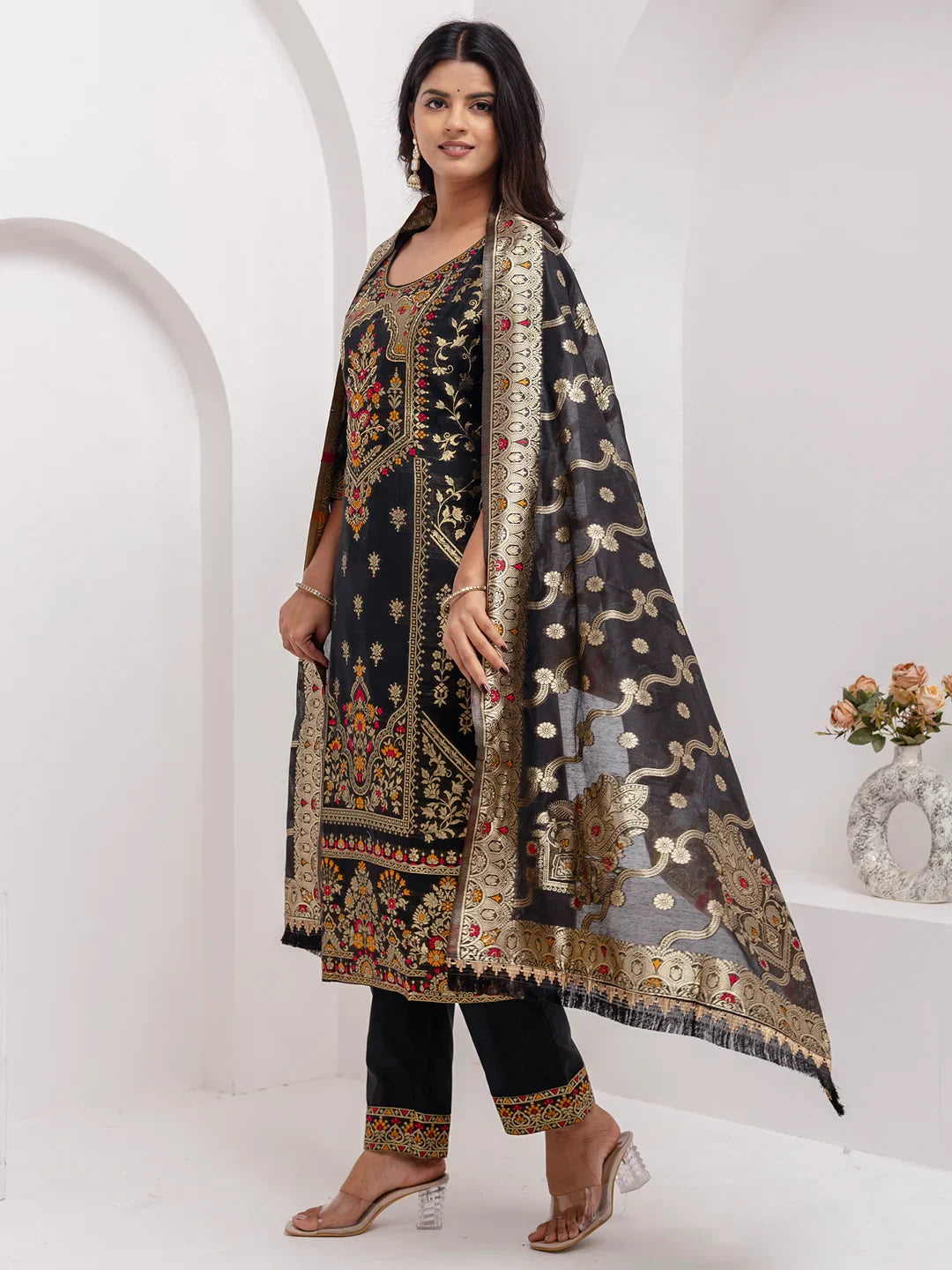 Wonderful Black Hand Work Jacquard Silk Festive Wear Pant Suit With Dupatta - Zeel Clothing