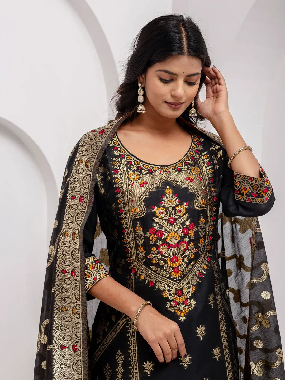 Wonderful Black Hand Work Jacquard Silk Festive Wear Pant Suit With Dupatta - Zeel Clothing