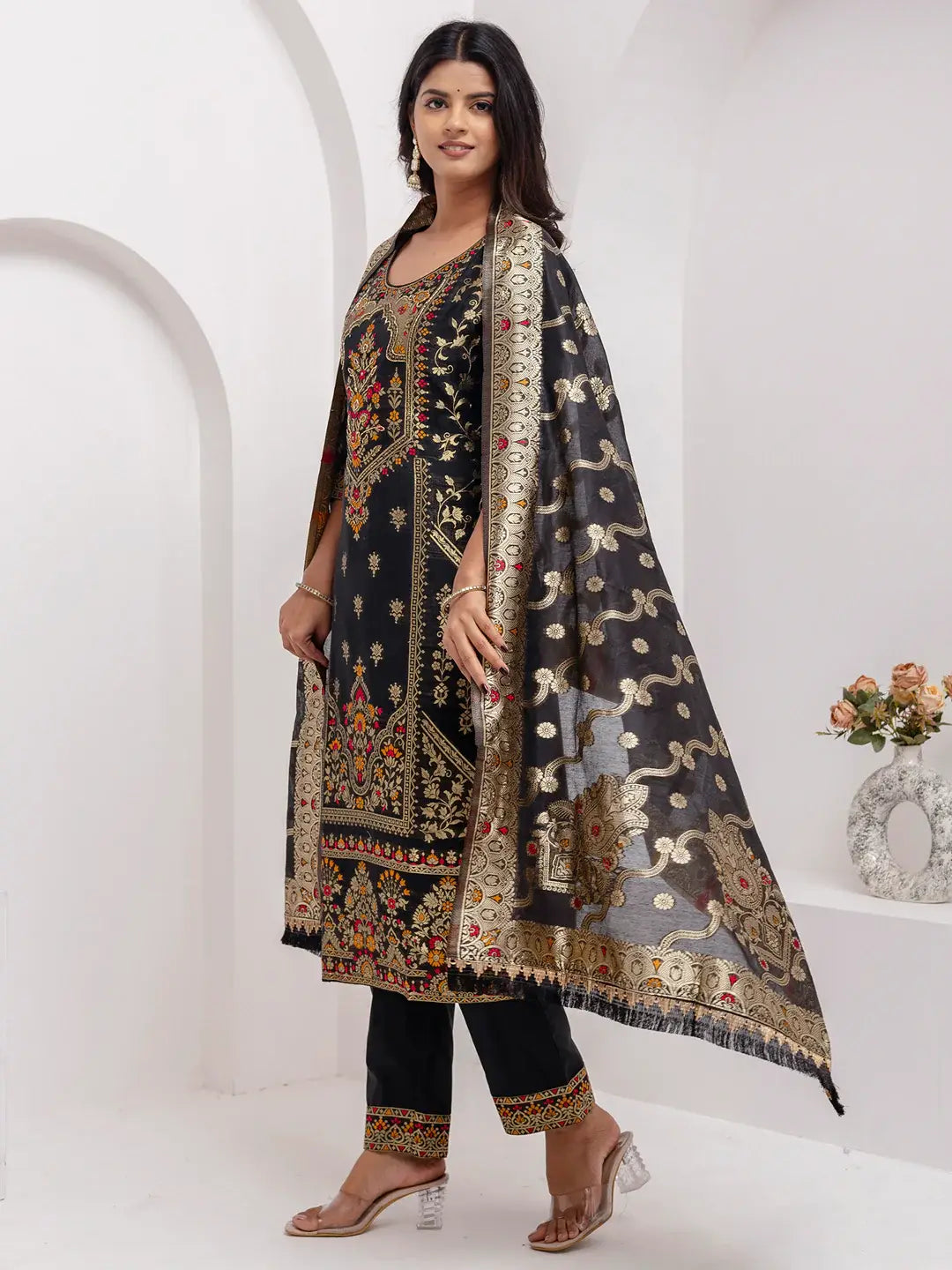 Wonderful Black Hand Work Jacquard Silk Festive Wear Pant Suit With Dupatta - Zeel Clothing