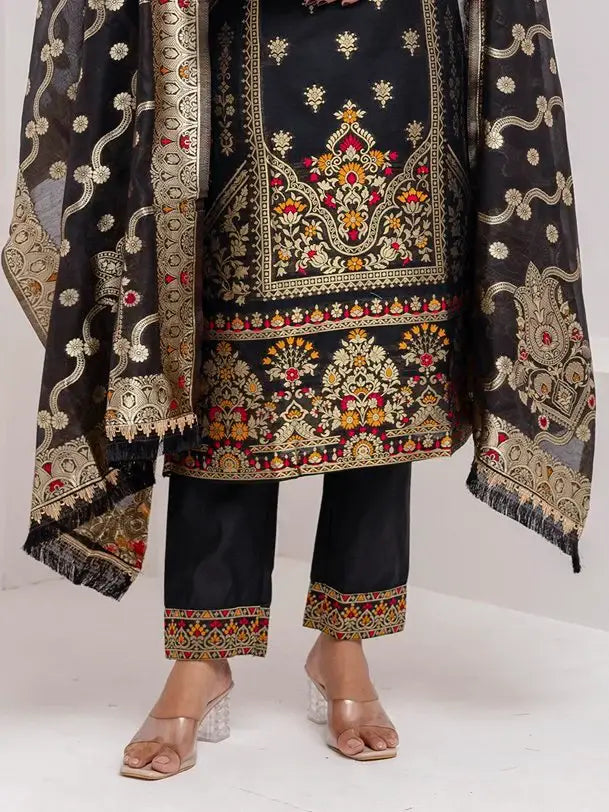 Wonderful Black Hand Work Jacquard Silk Festive Wear Pant Suit With Dupatta - Zeel Clothing