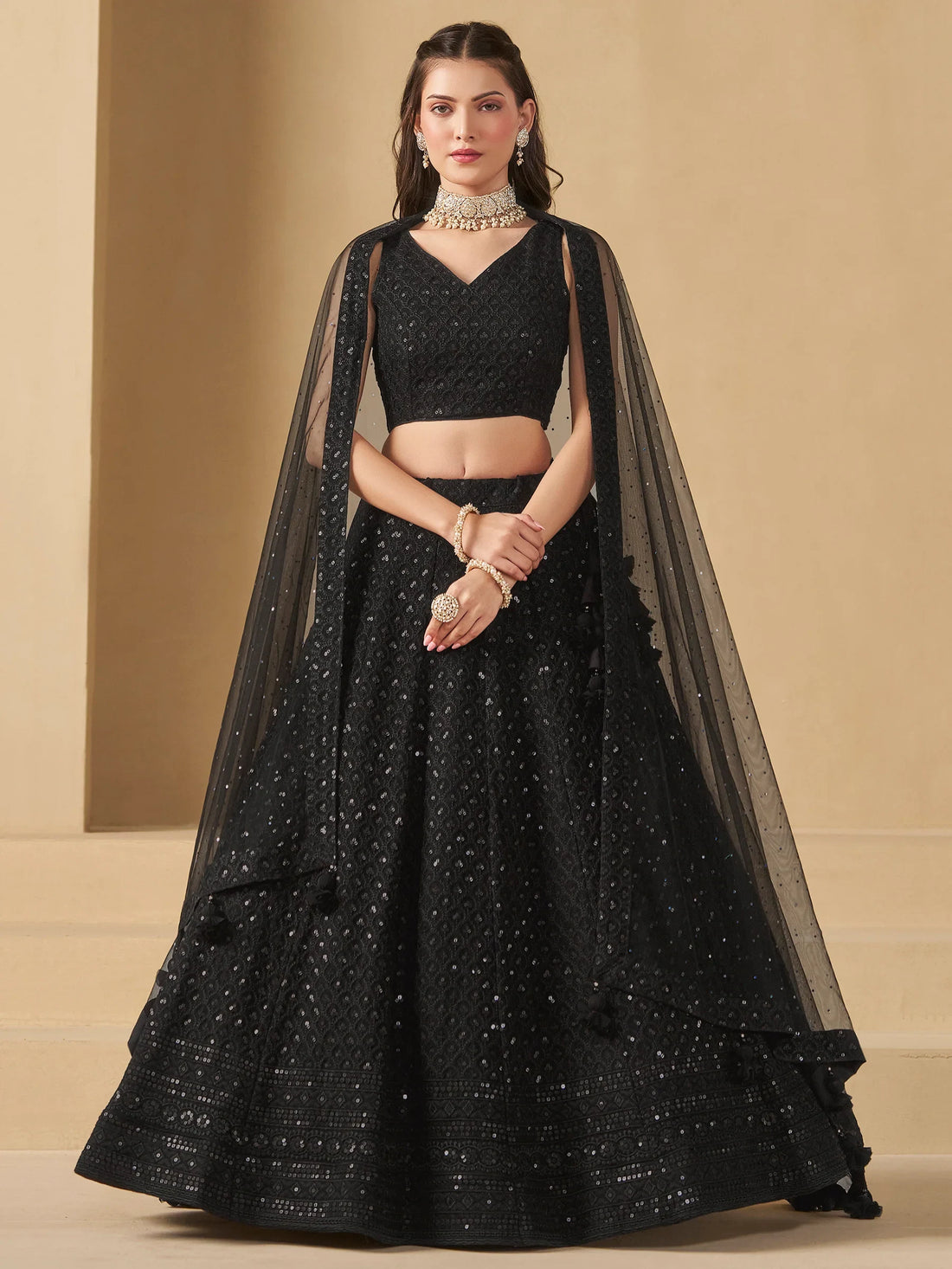Wonderful Black Sequins Georgette Reception Wear Lehenga Choli - Zeel Clothing