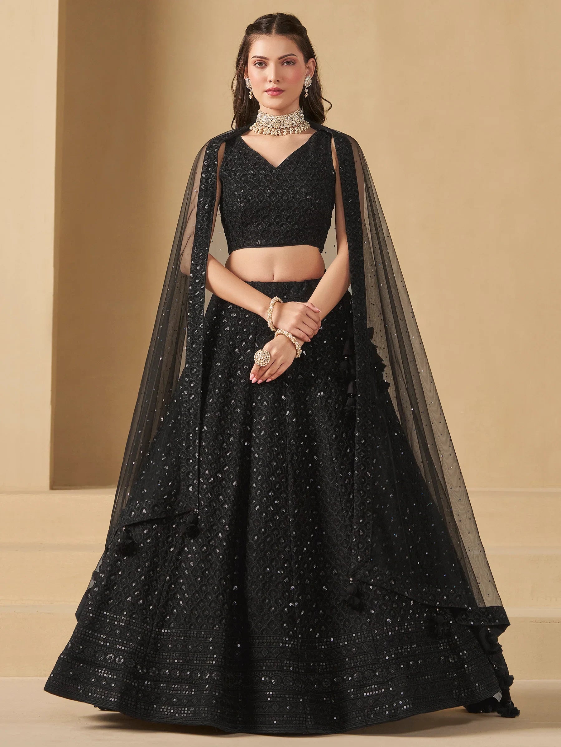 Wonderful Black Sequins Georgette Reception Wear Lehenga Choli - Zeel Clothing