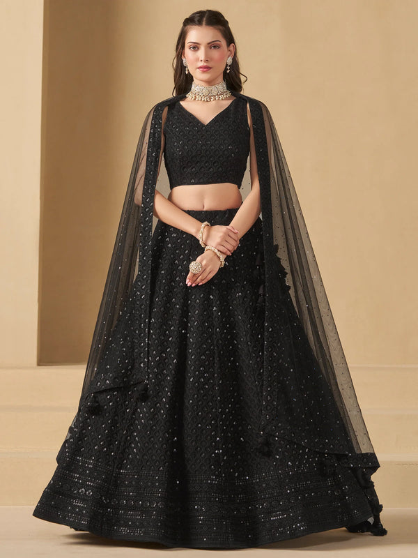 Wonderful Black Sequins Georgette Reception Wear Lehenga Choli - Zeel Clothing