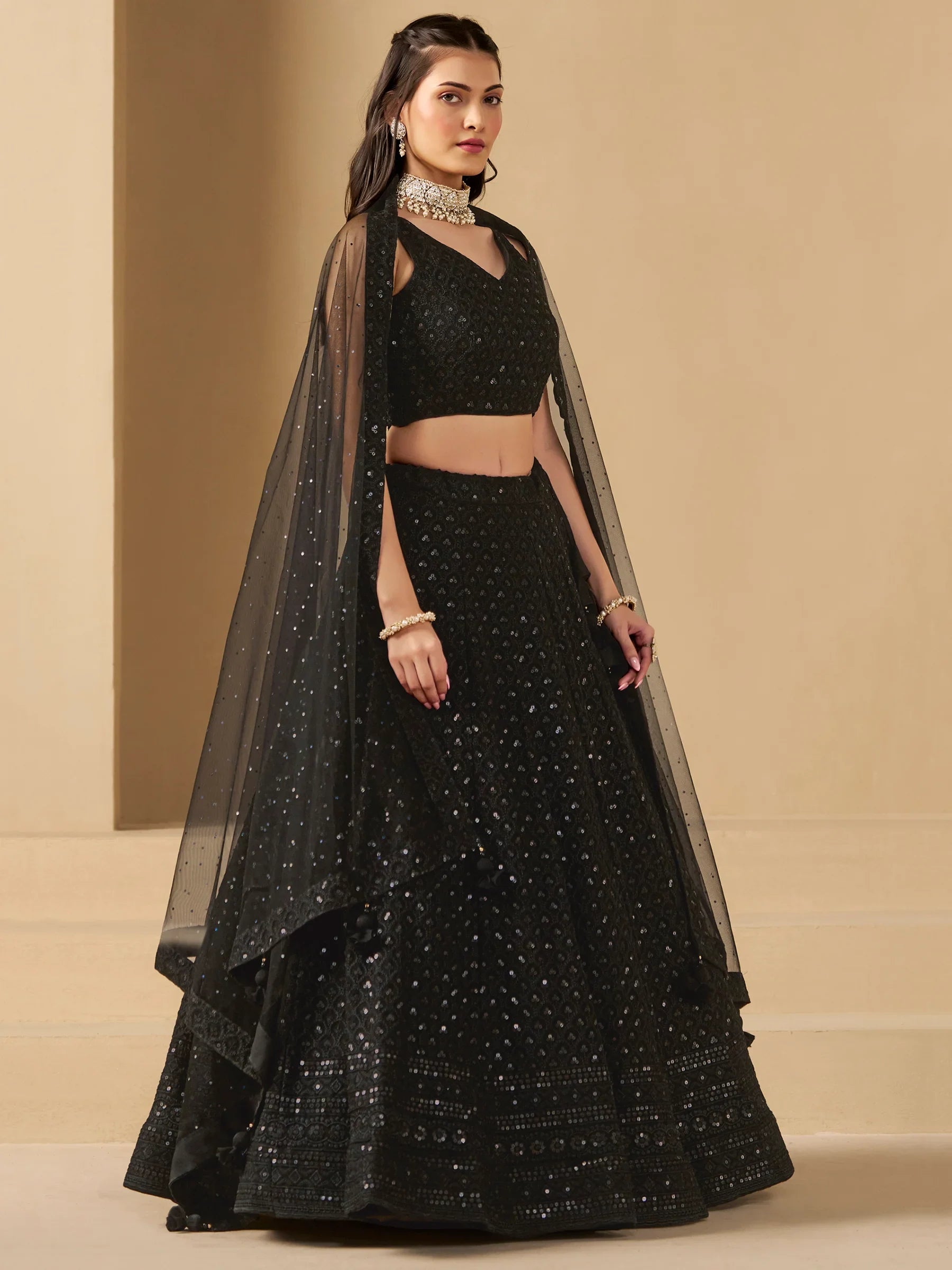 Wonderful Black Sequins Georgette Reception Wear Lehenga Choli - Zeel Clothing