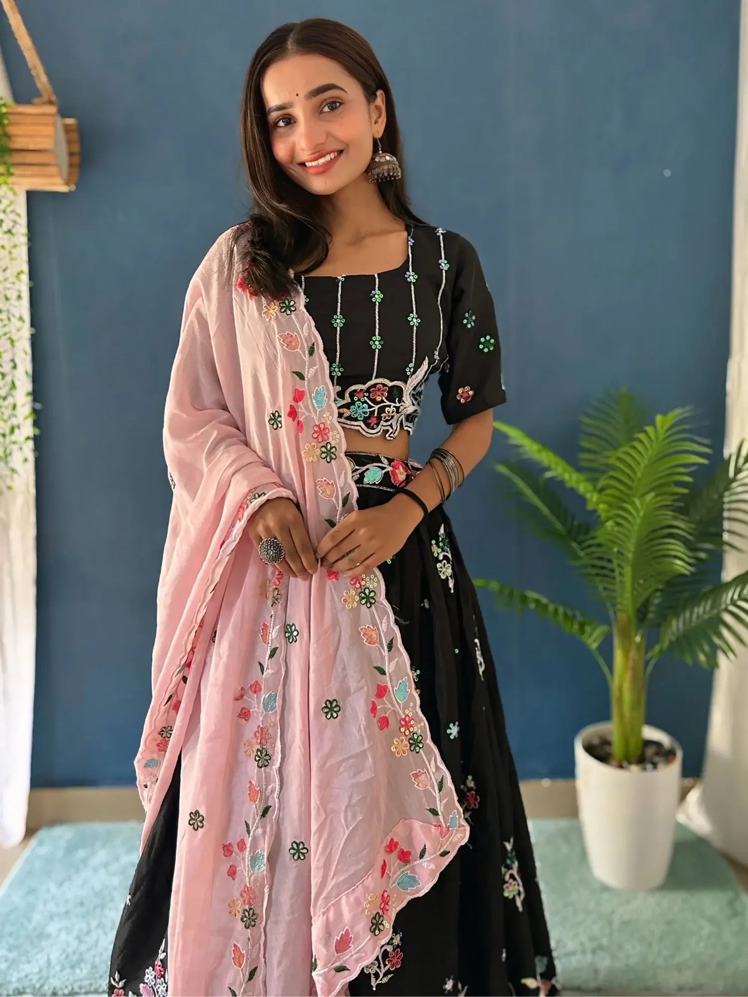 Wonderful Black Thread Embroidered Chinon Wedding Lehenga Choli - Zeel Clothing