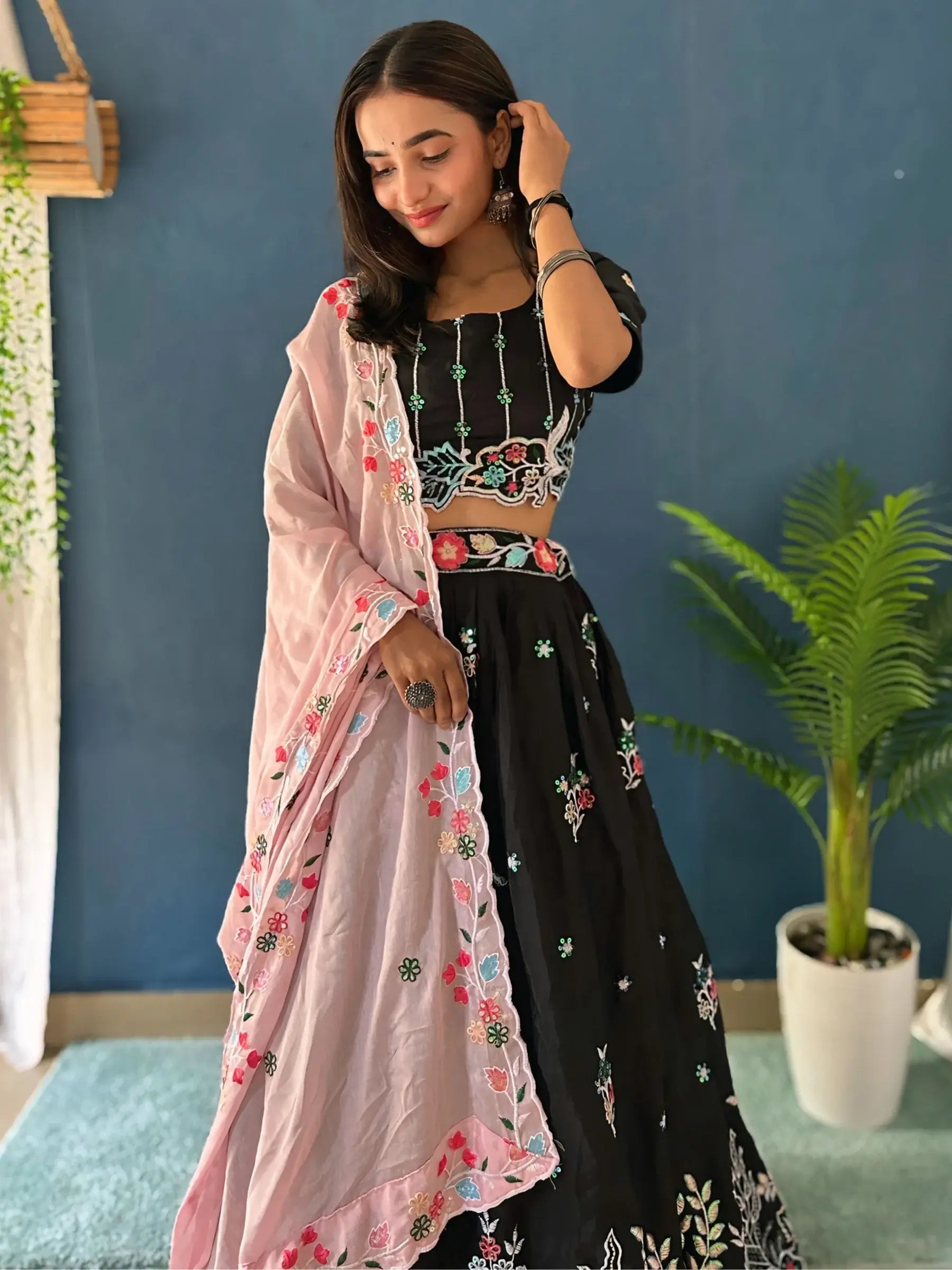 Wonderful Black Thread Embroidered Chinon Wedding Lehenga Choli - Zeel Clothing