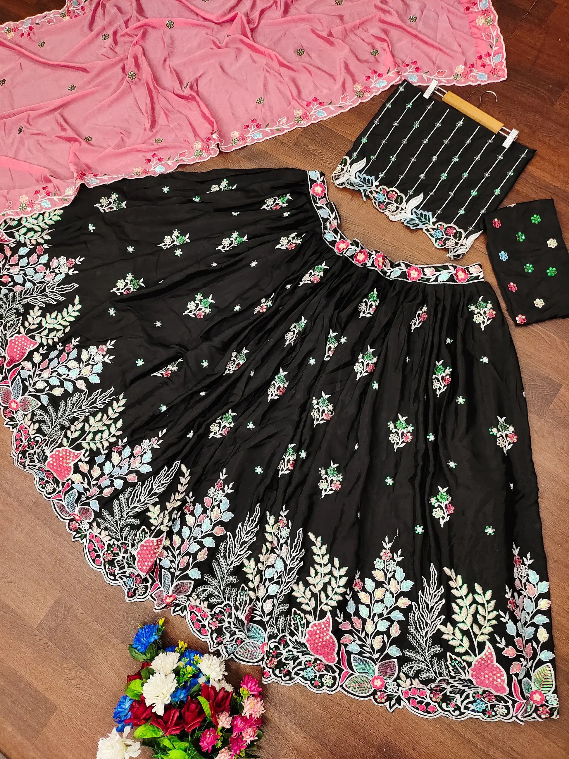 Wonderful Black Thread Embroidered Chinon Wedding Lehenga Choli - Zeel Clothing