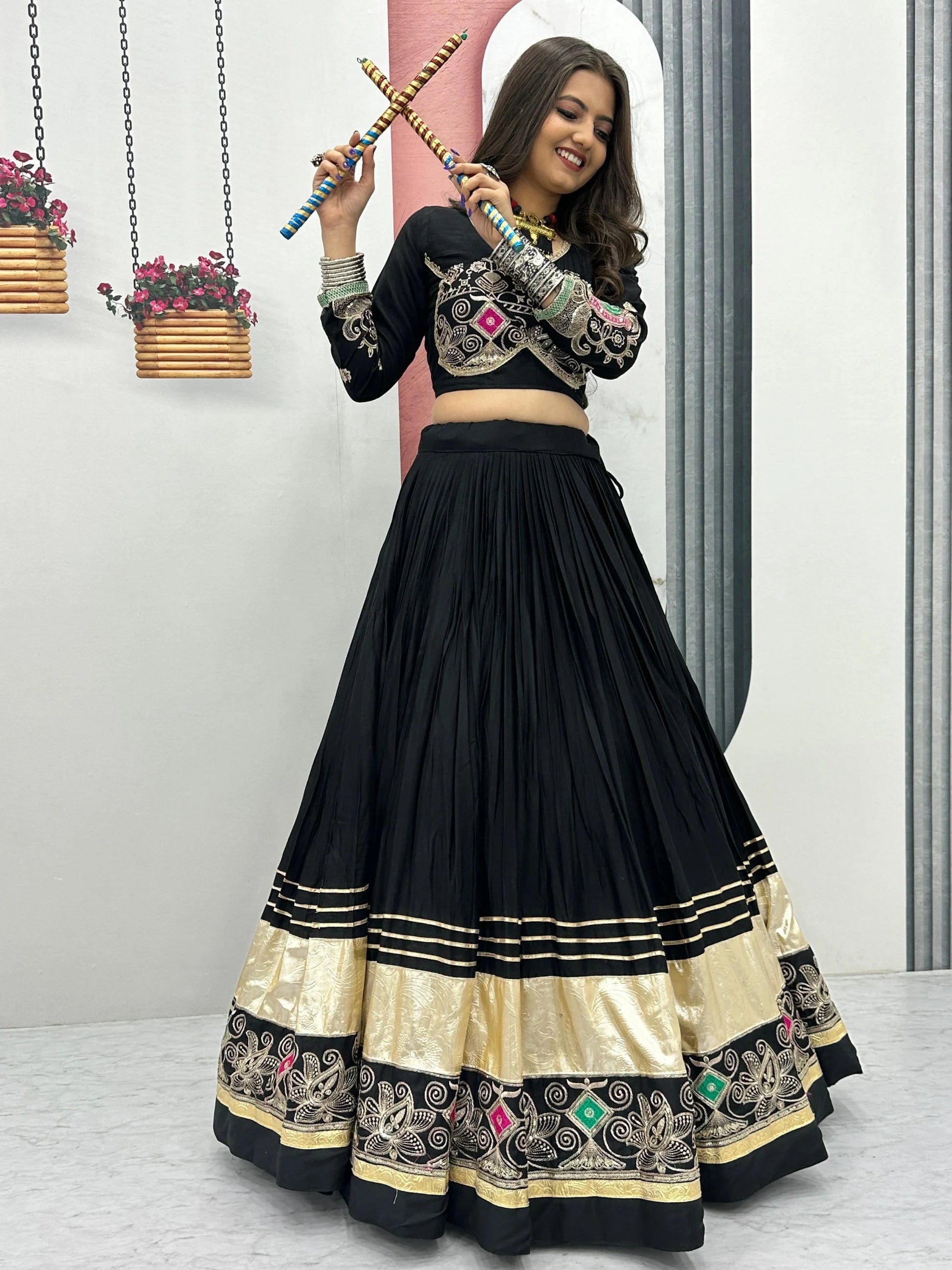Wonderful Black Thread Embroidered Cotton Navratri Special Lehenga Choli - Zeel Clothing
