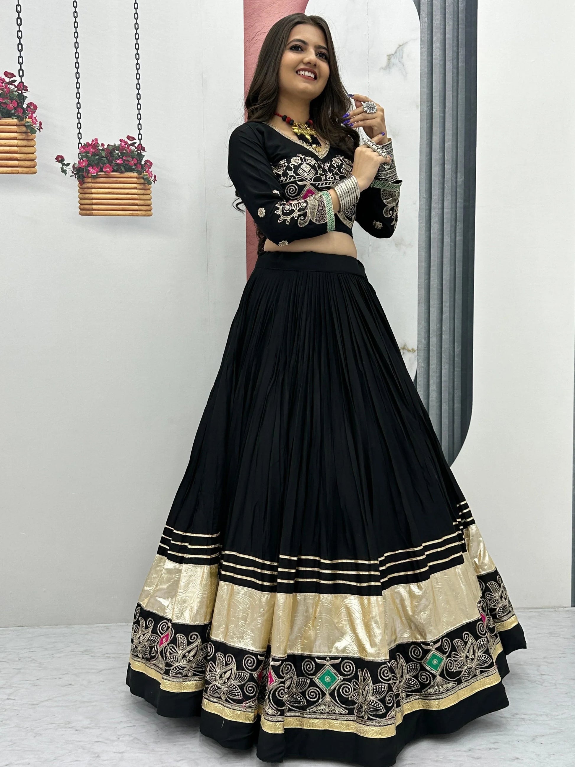 Wonderful Black Thread Embroidered Cotton Navratri Special Lehenga Choli - Zeel Clothing