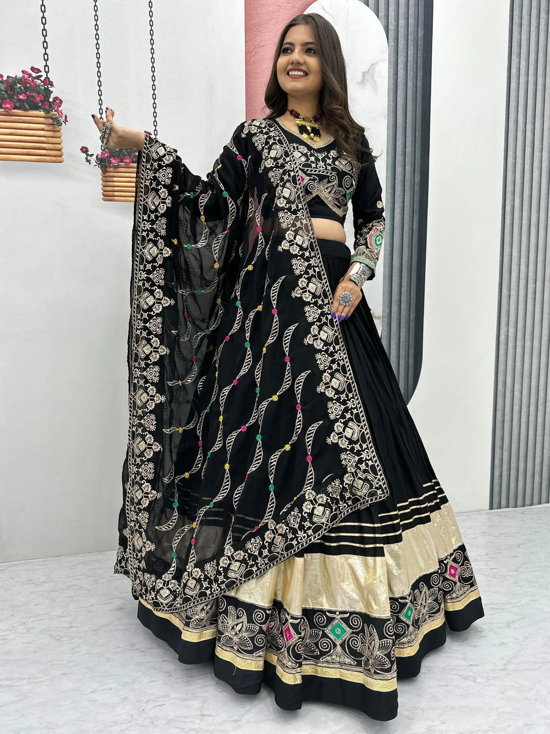 Wonderful Black Thread Embroidered Cotton Navratri Special Lehenga Choli - Zeel Clothing