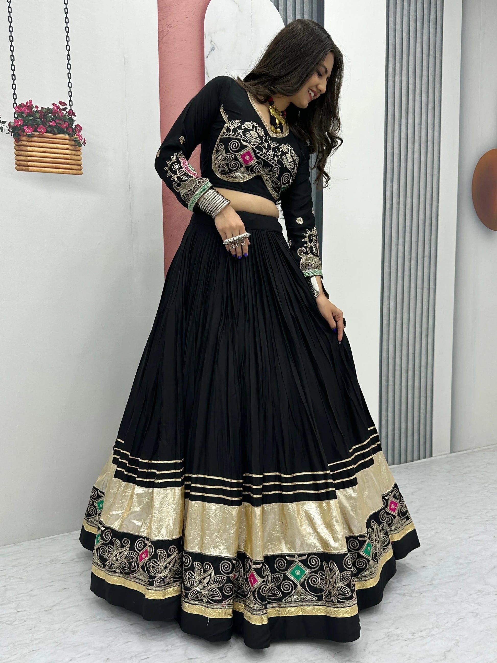 Wonderful Black Thread Embroidered Cotton Navratri Special Lehenga Choli - Zeel Clothing