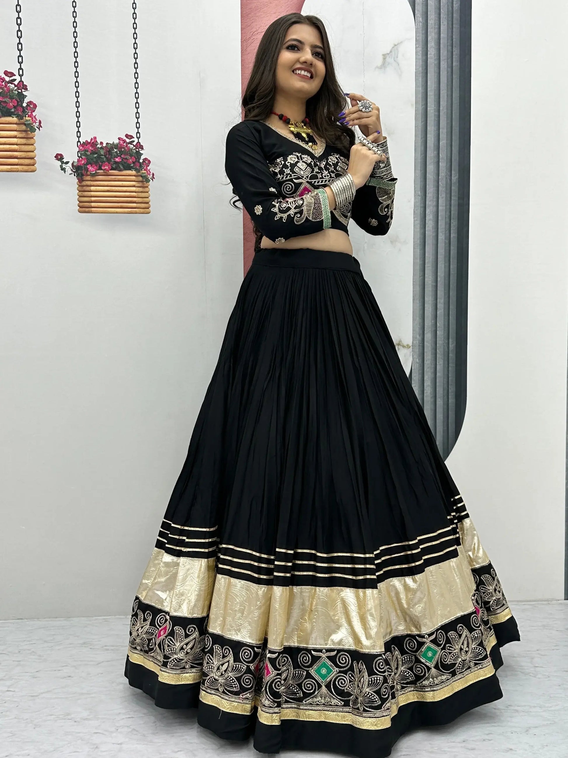 Wonderful Black Thread Embroidered Cotton Navratri Special Lehenga Choli - Zeel Clothing