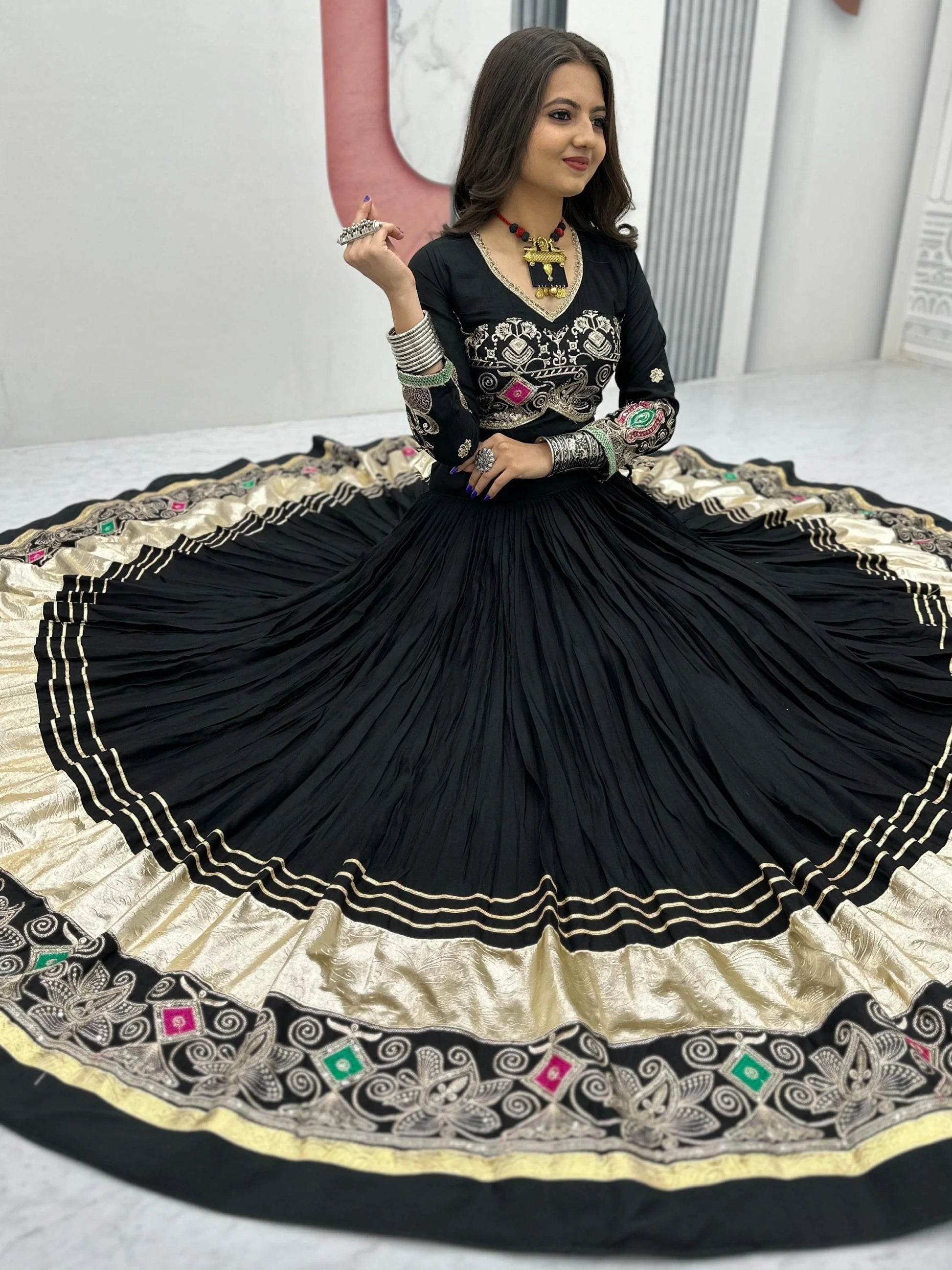 Wonderful Black Thread Embroidered Cotton Navratri Special Lehenga Choli - Zeel Clothing