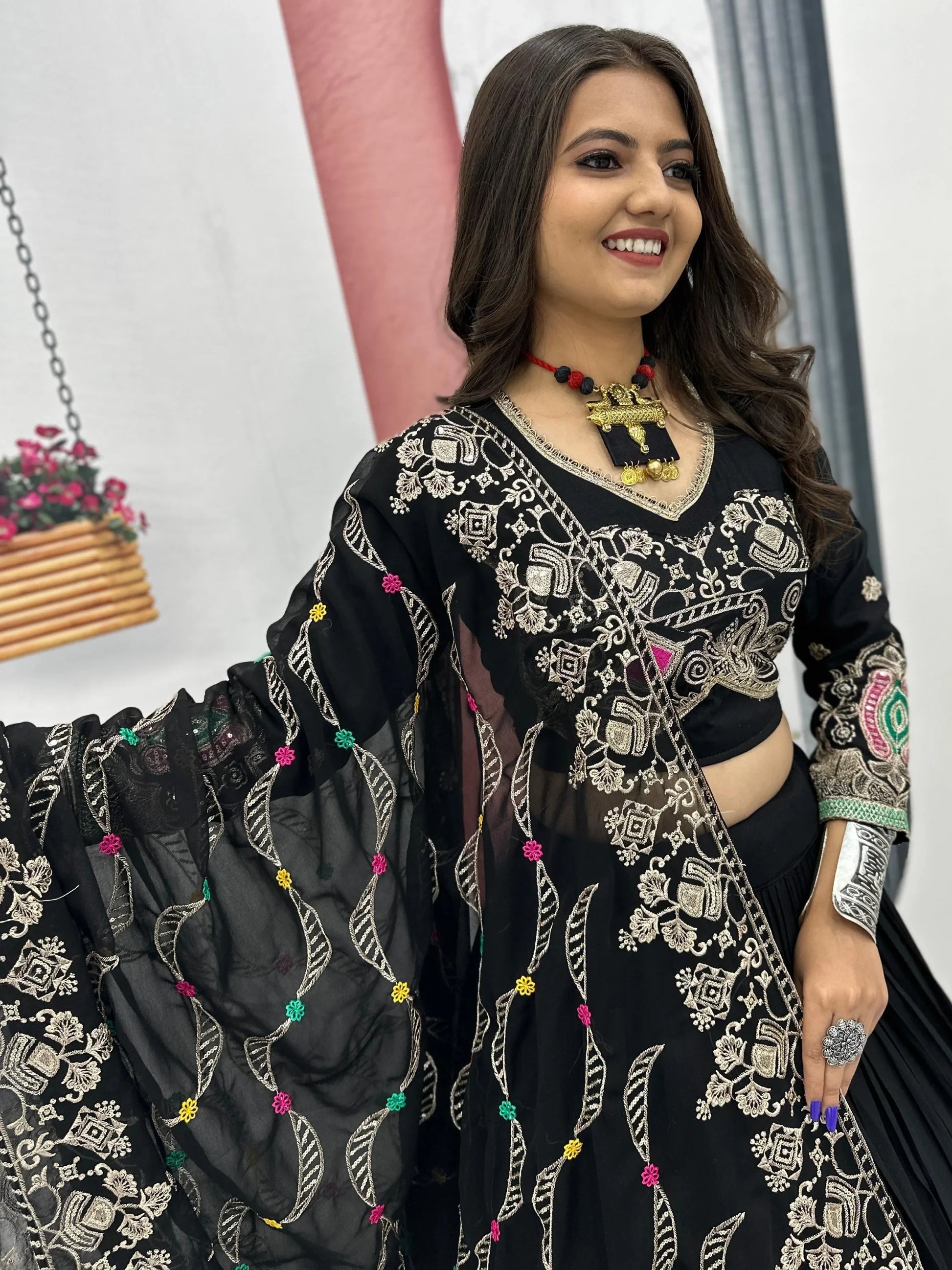 Wonderful Black Thread Embroidered Cotton Navratri Special Lehenga Choli - Zeel Clothing
