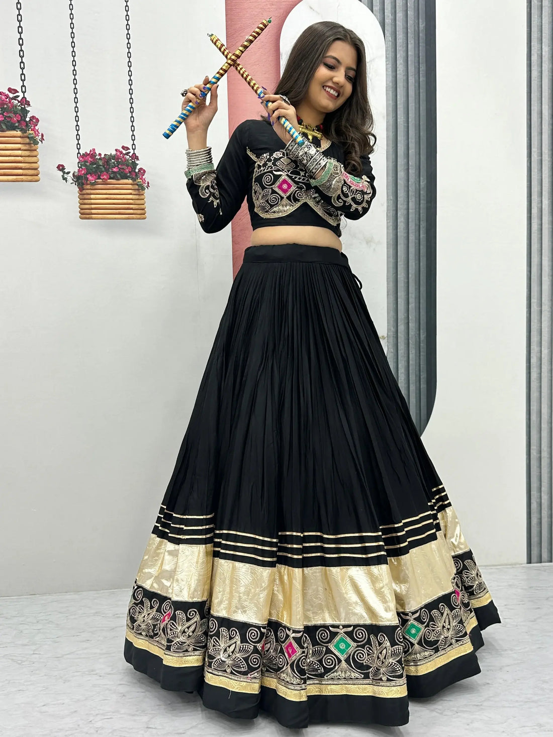 Wonderful Black Thread Embroidered Cotton Navratri Special Lehenga Choli - Zeel Clothing