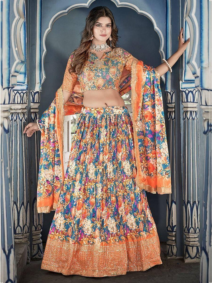 Wonderful Blue Floral Printed Chinon Lehenga Choli With Dupatta