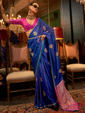 Wonderful Blue Zari Weaving Satin Traditional Saree With Blouse - Zeel Clothing