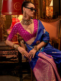 Wonderful Blue Zari Weaving Satin Traditional Saree With Blouse - Zeel Clothing