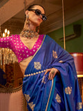 Wonderful Blue Zari Weaving Satin Traditional Saree With Blouse - Zeel Clothing