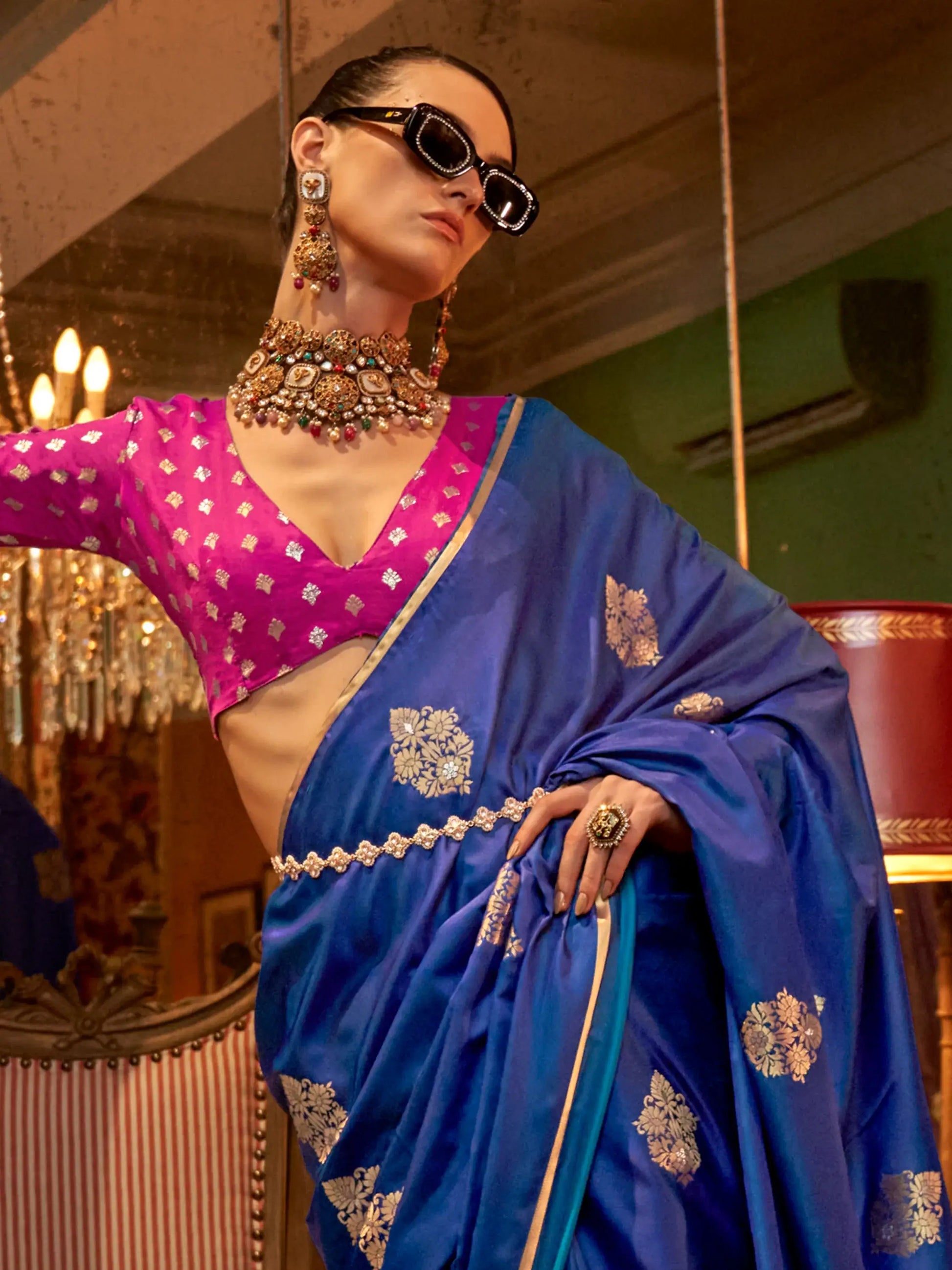 Wonderful Blue Zari Weaving Satin Traditional Saree With Blouse - Zeel Clothing