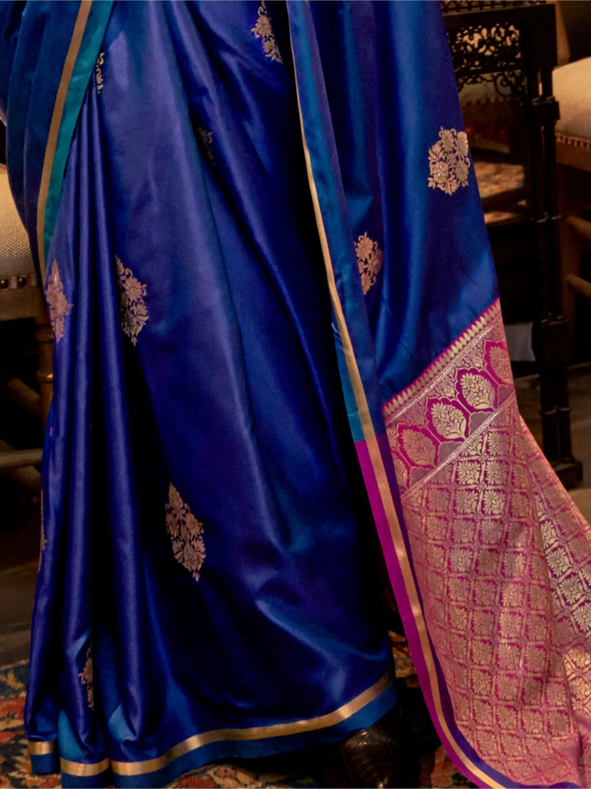 Wonderful Blue Zari Weaving Satin Traditional Saree With Blouse - Zeel Clothing