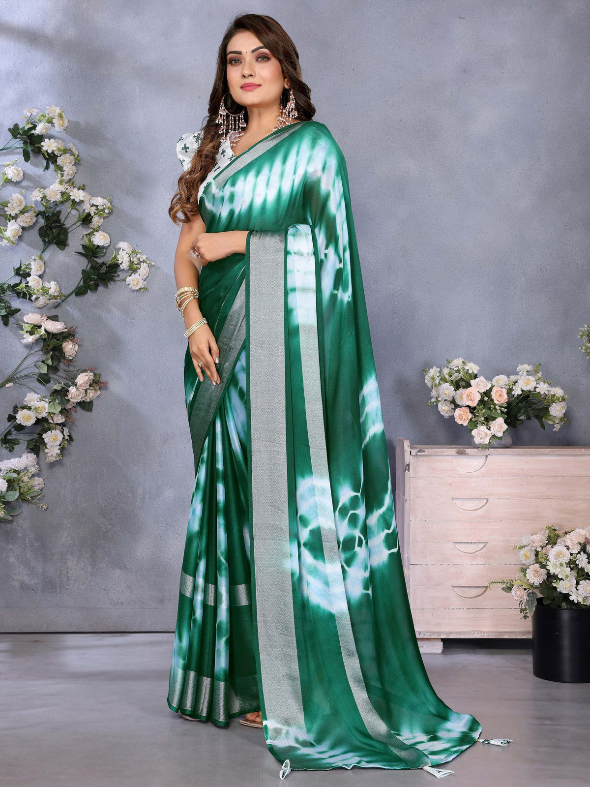 Wonderful Bottle Green Shibori Printed Chiffon Mehendi Wear Saree With Blouse - Zeel Clothing