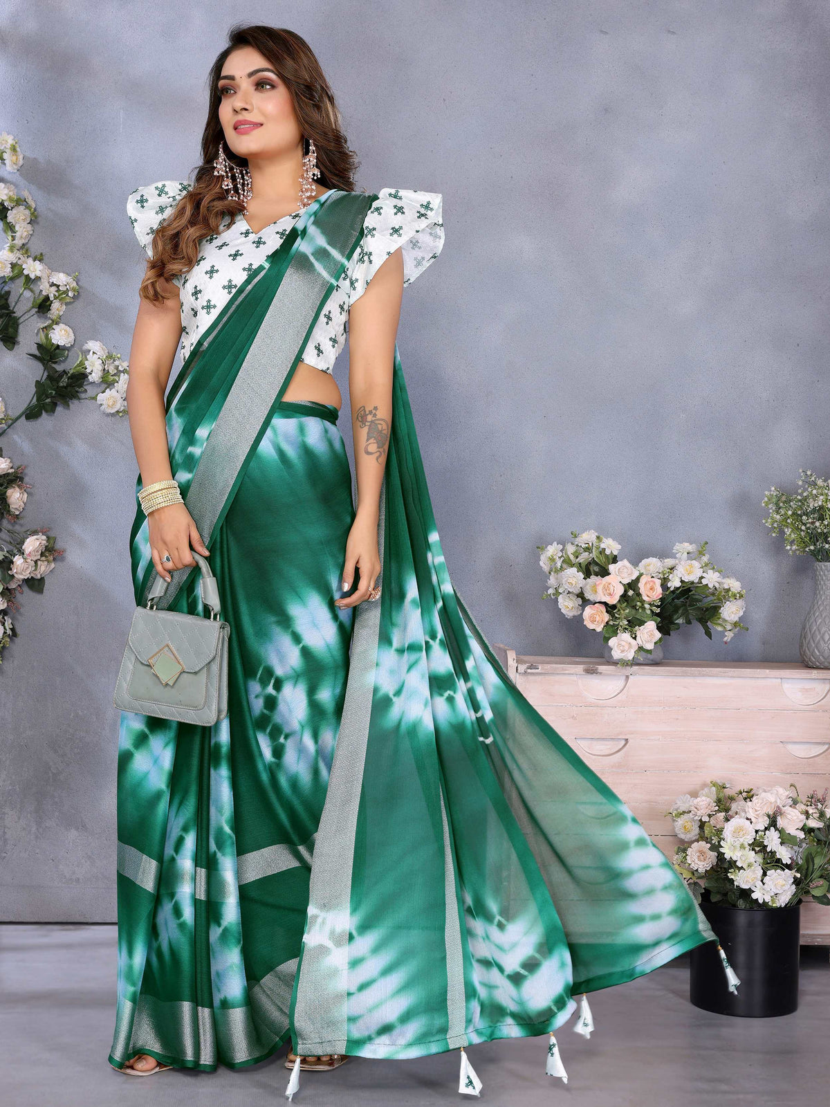 Wonderful Bottle Green Shibori Printed Chiffon Mehendi Wear Saree With Blouse - Zeel Clothing