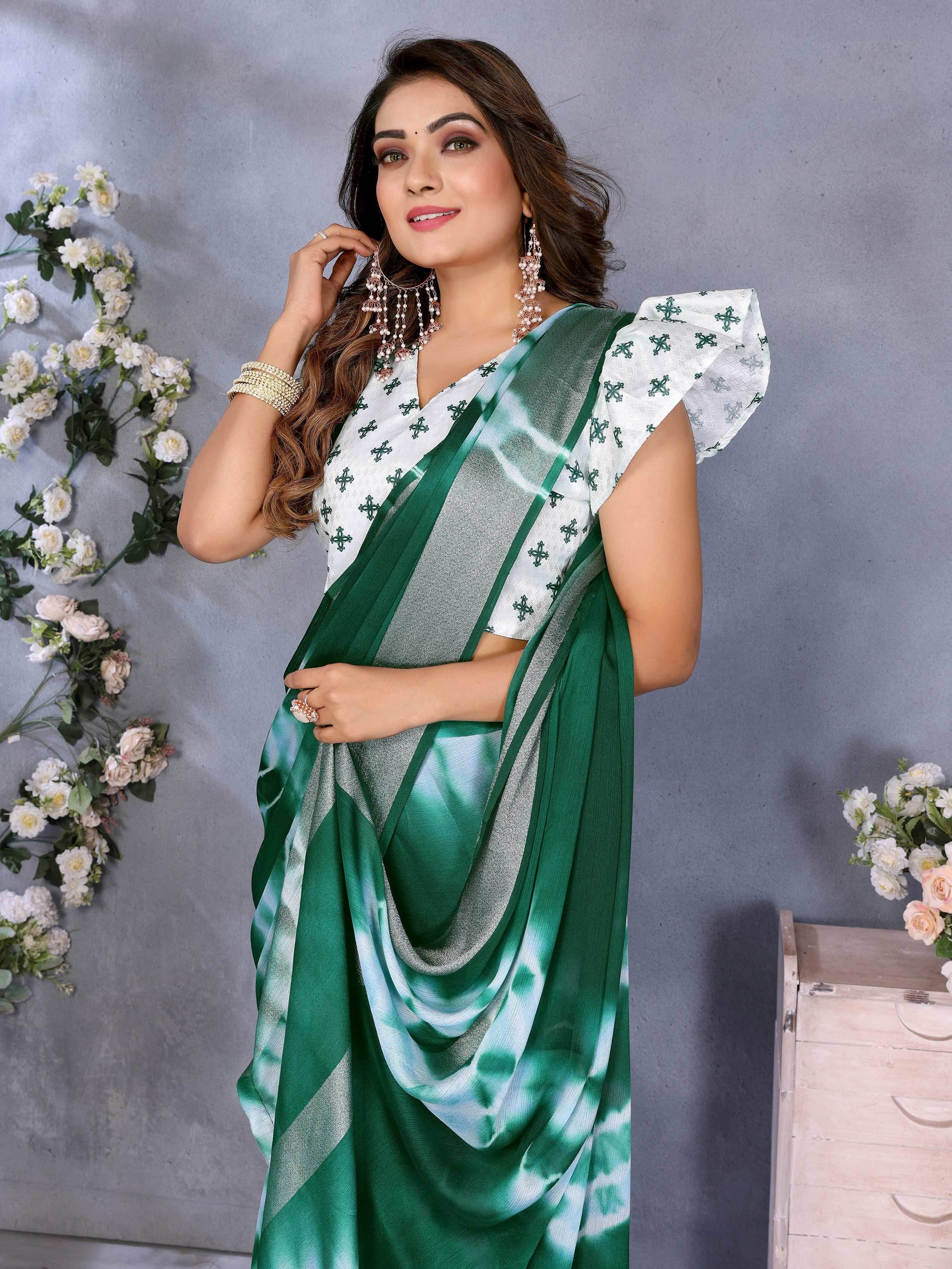 Wonderful Bottle Green Shibori Printed Chiffon Mehendi Wear Saree With Blouse - Zeel Clothing