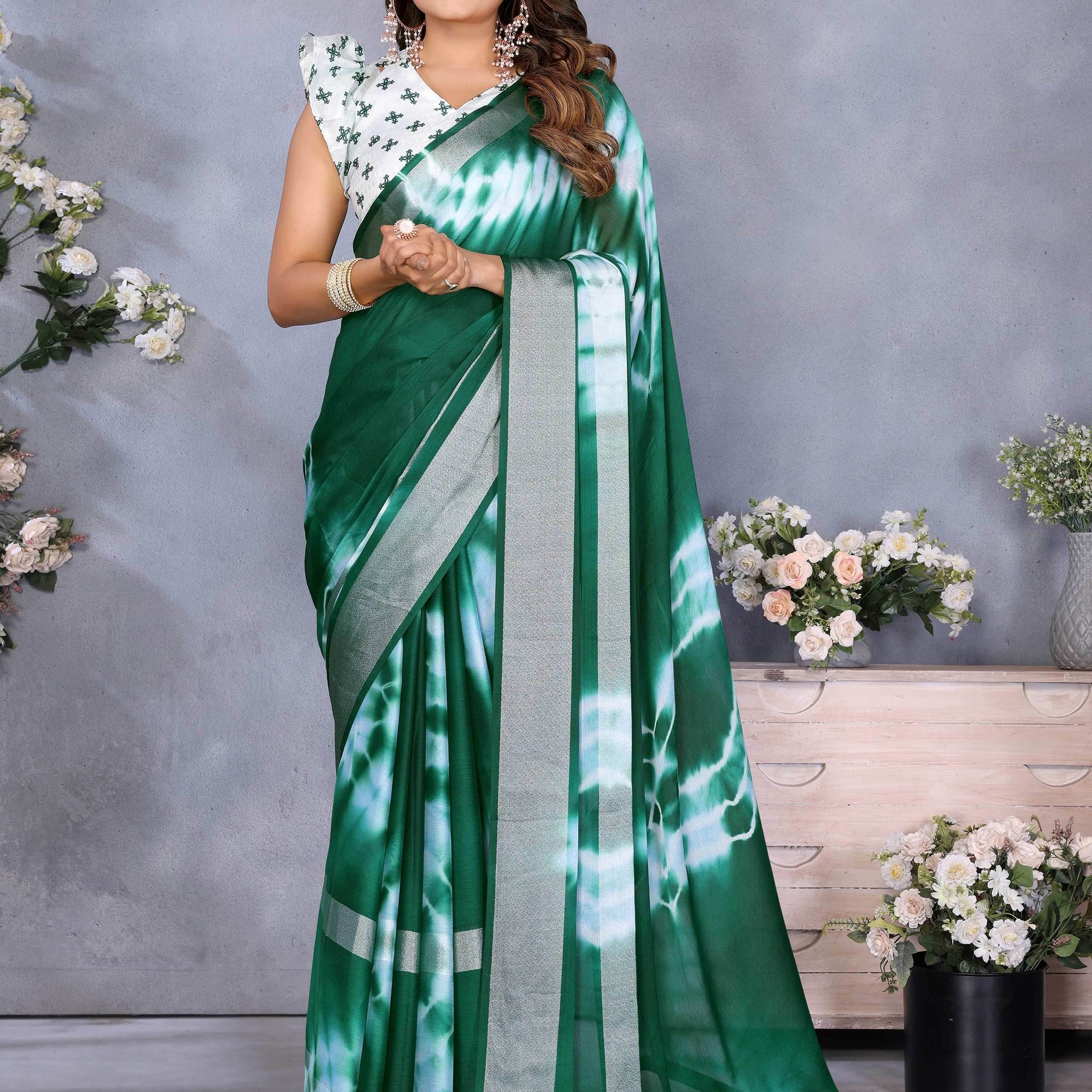 Wonderful Bottle Green Shibori Printed Chiffon Mehendi Wear Saree With Blouse - Zeel Clothing