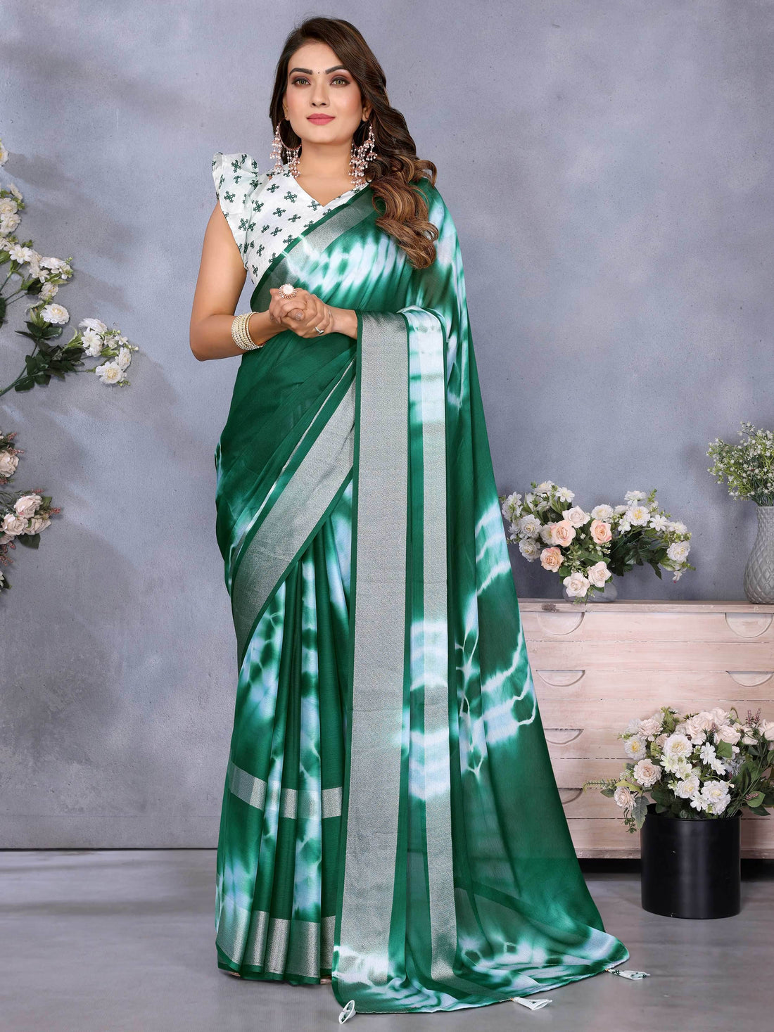 Wonderful Bottle Green Shibori Printed Chiffon Mehendi Wear Saree With Blouse - Zeel Clothing